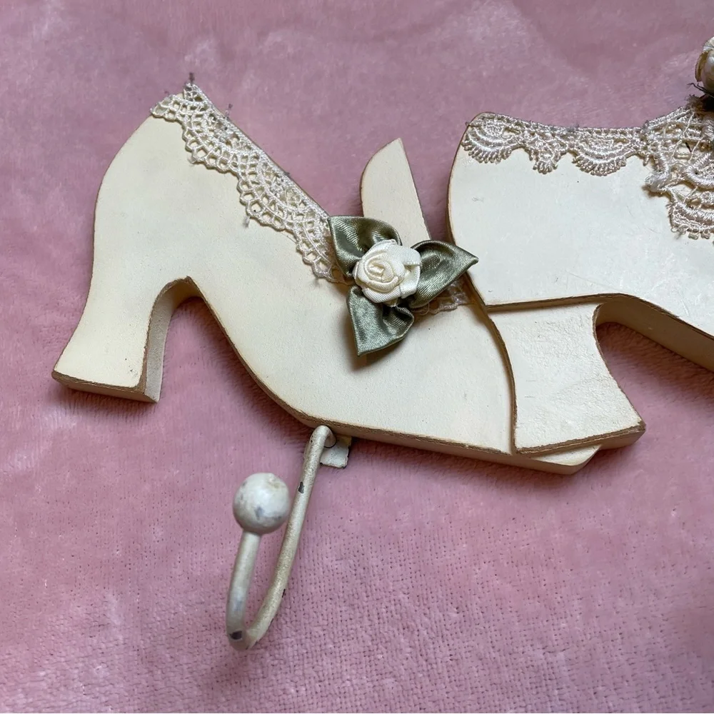 Vintage High Heels Wall Hooks Cream Color with Lace and Silk Roses Distressed